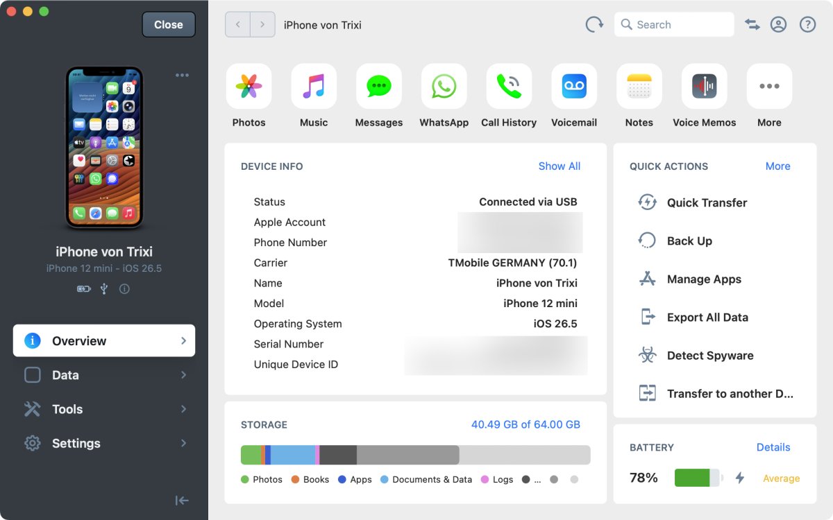 iMazing mit verbundenem iPhone und den verfügbaren Gerätebereichen