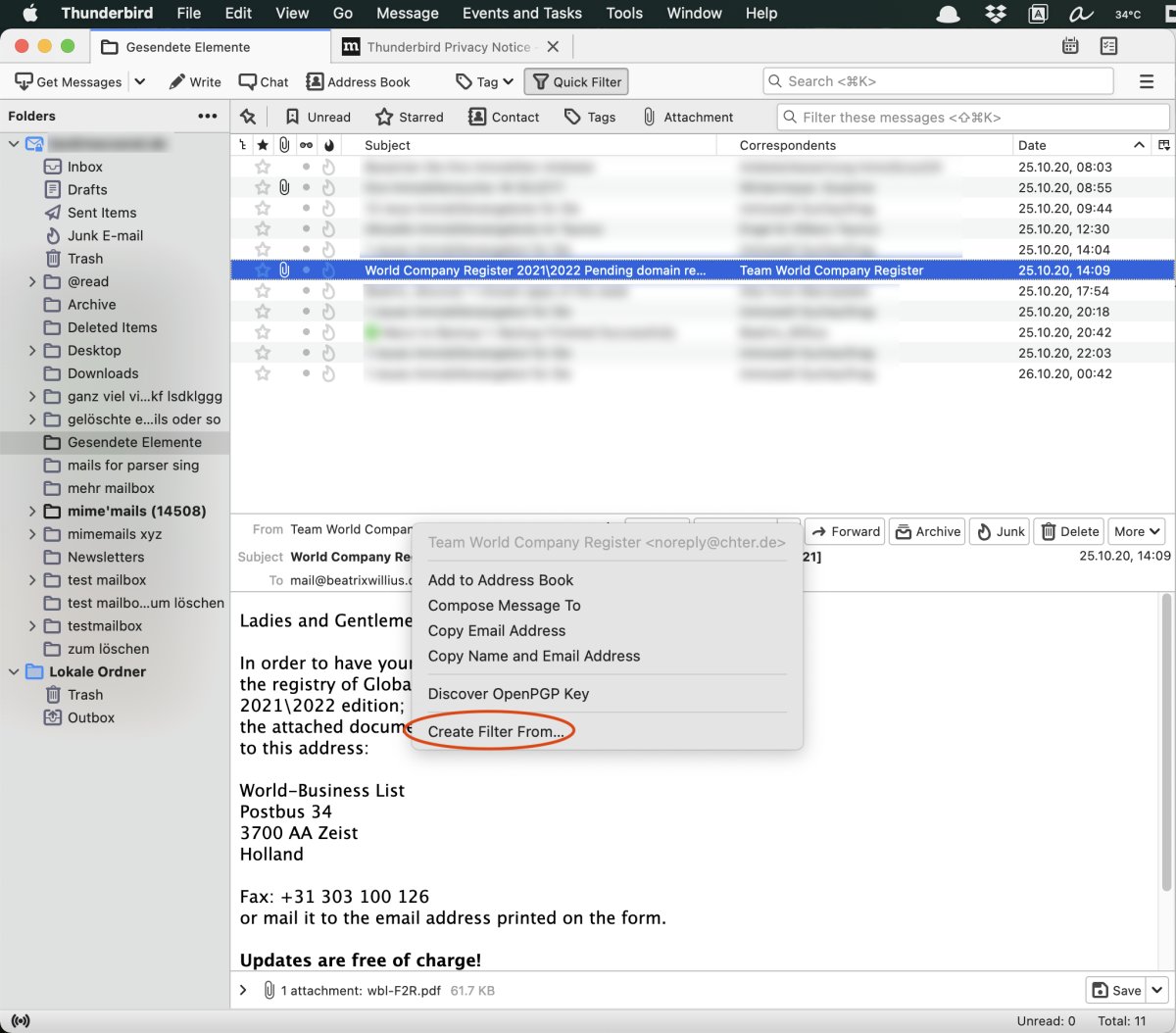 Create a filter for an email in Thunderbird