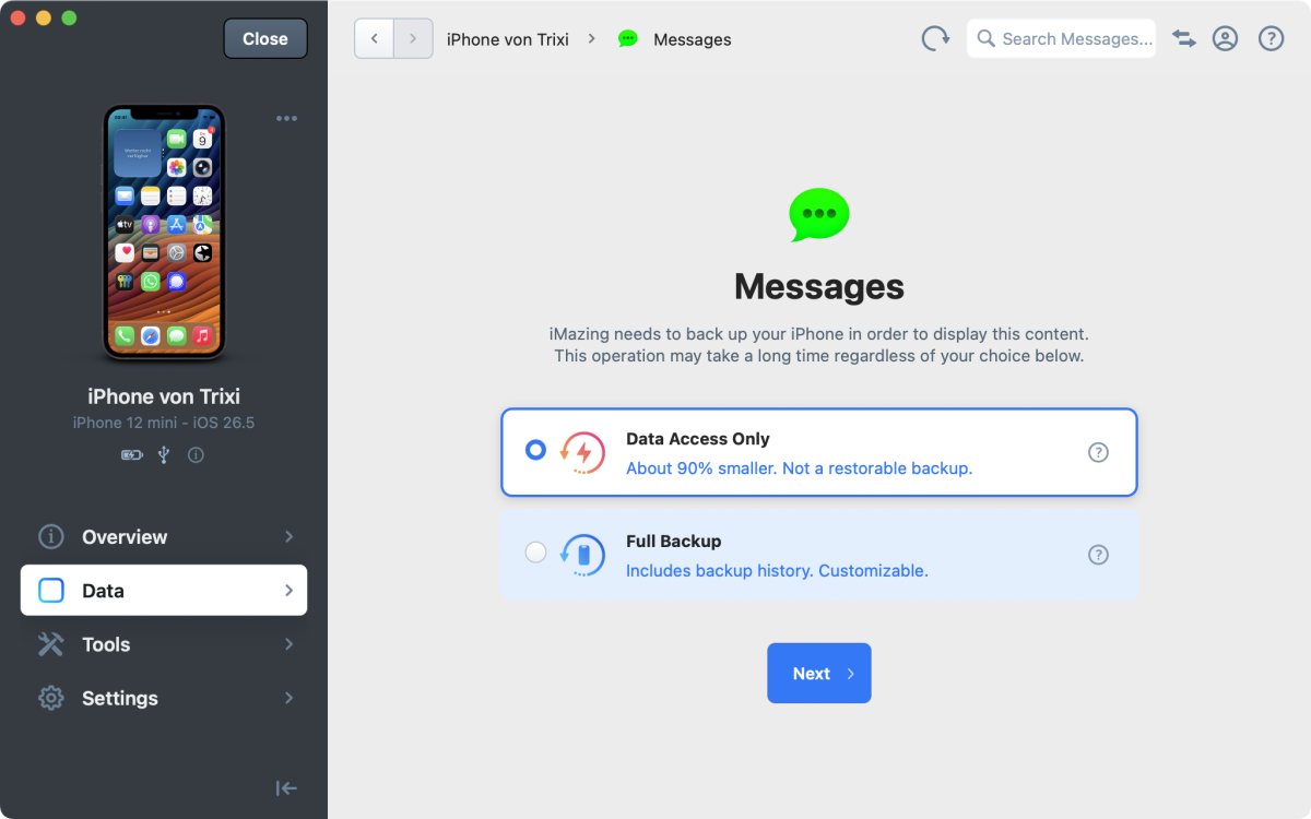 iMazing fragt nach Data Access Only oder Full Backup