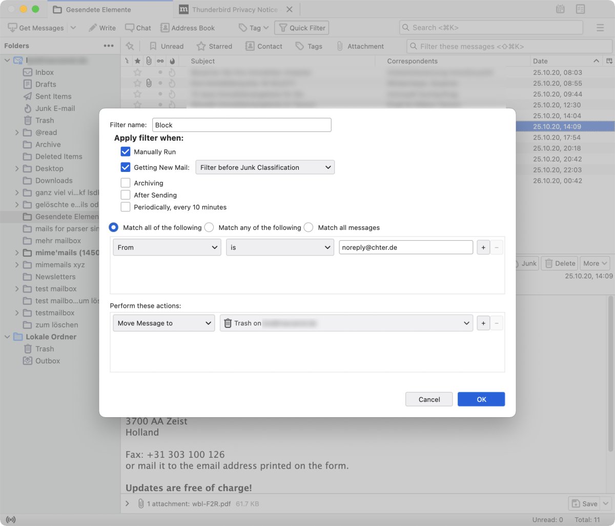 Creating filter for blocking an email in Thunderbird