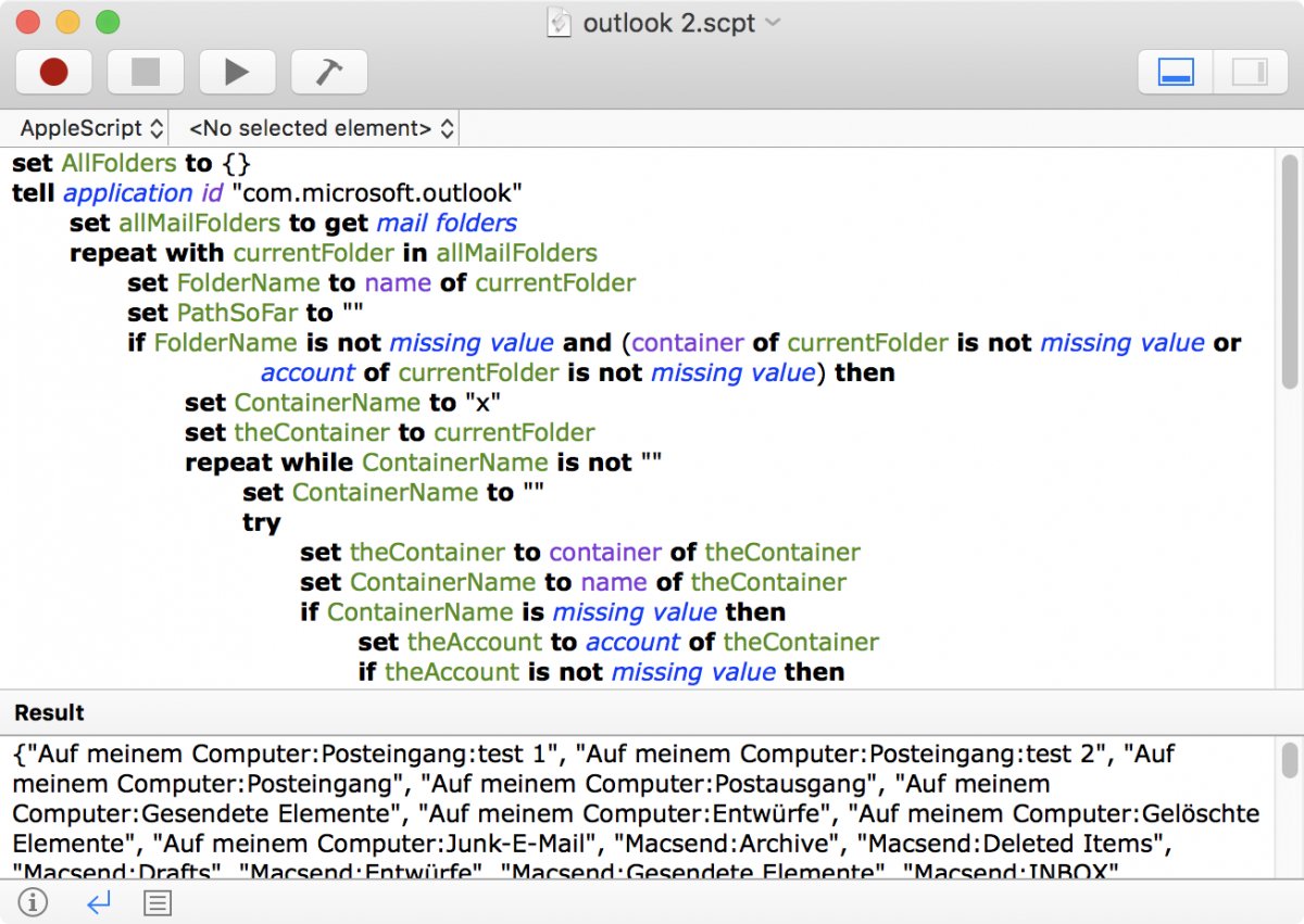 How to get a list of mailboxes with AppleScript for Outlook?