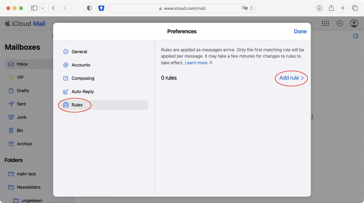 Rule window in iCloud