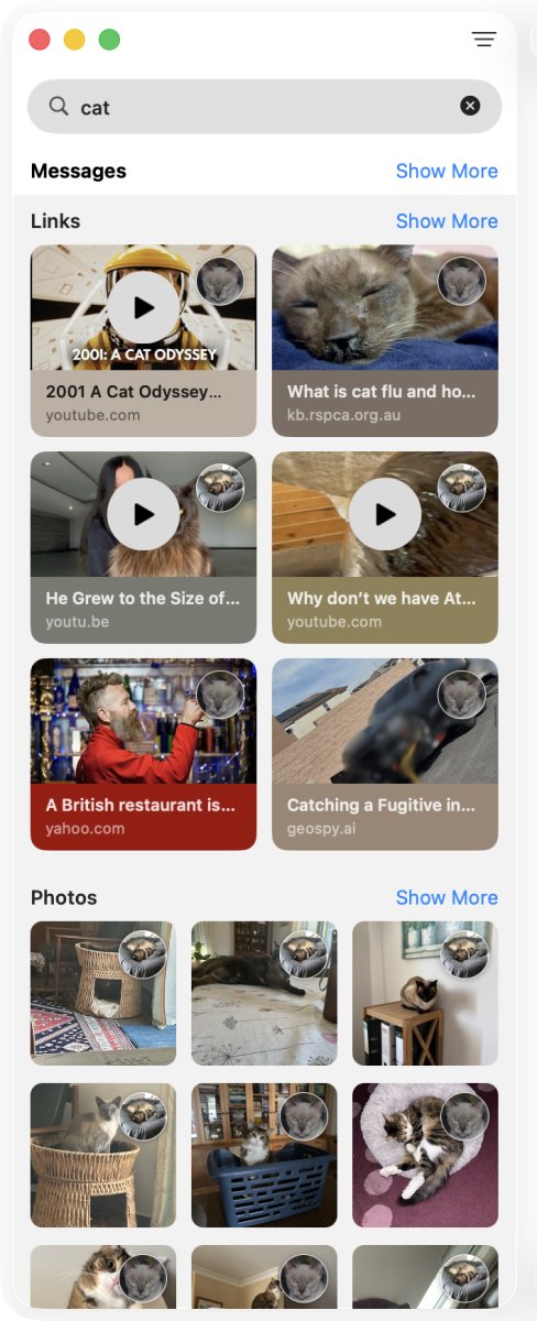Apple Messages: result images of a search for "cat"