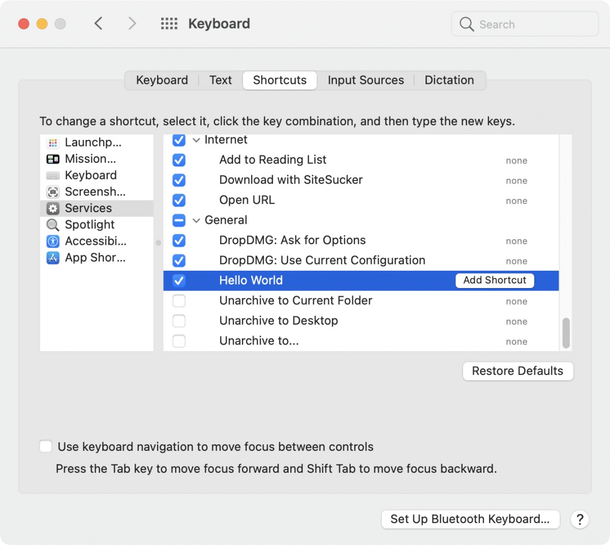 Locate service in System Preferences Keyboard