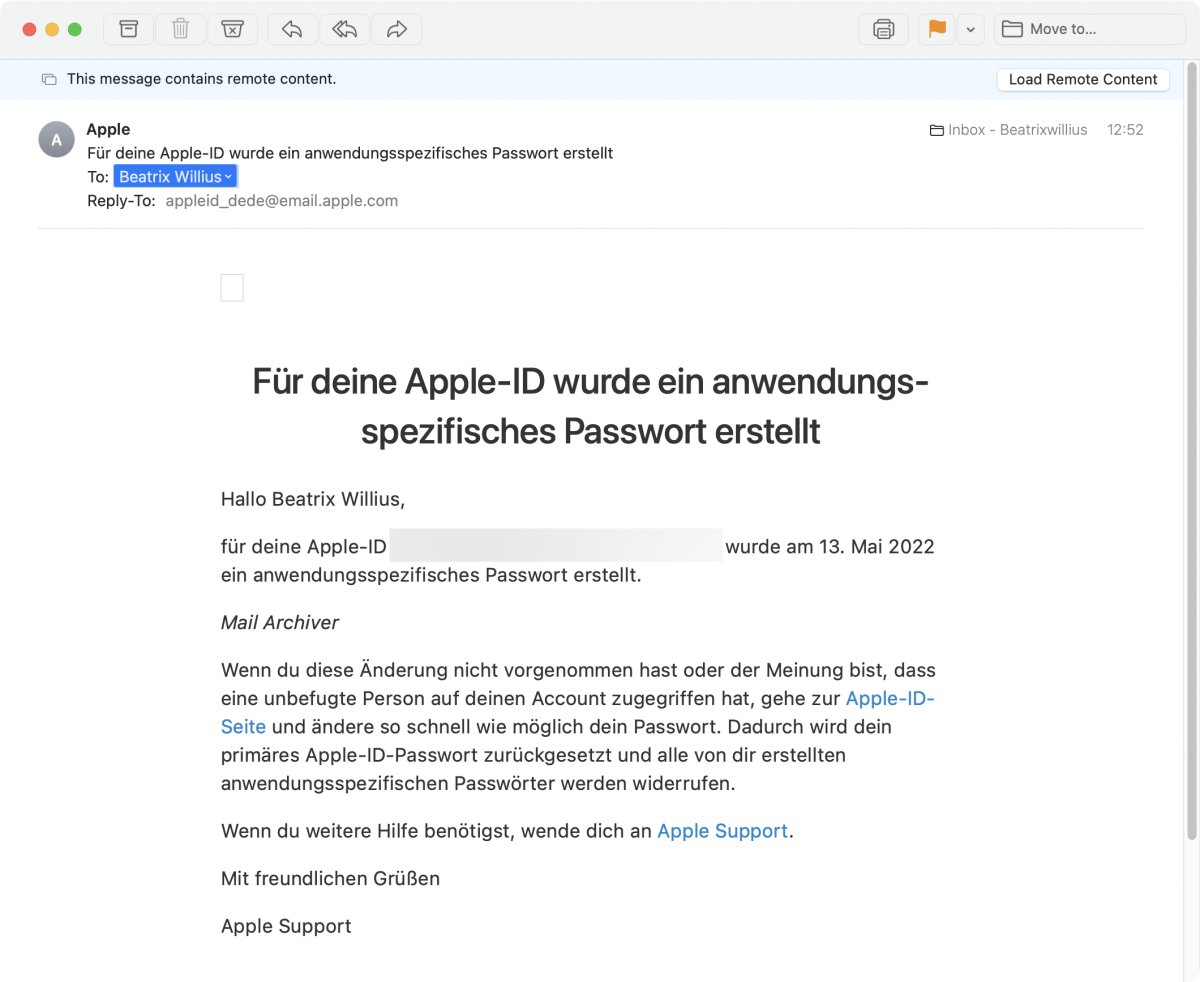 Confirmation email for app specific password