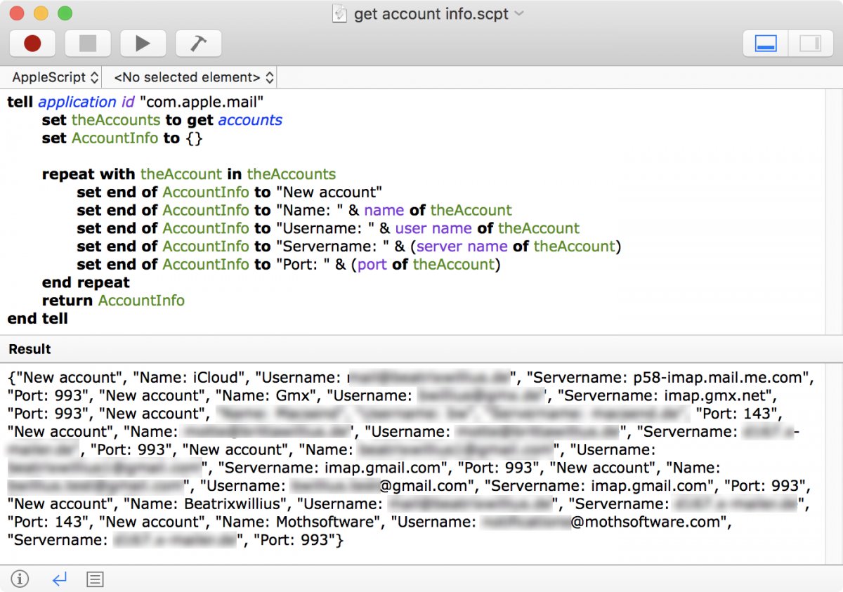 Result of getting accounts with AppleScript