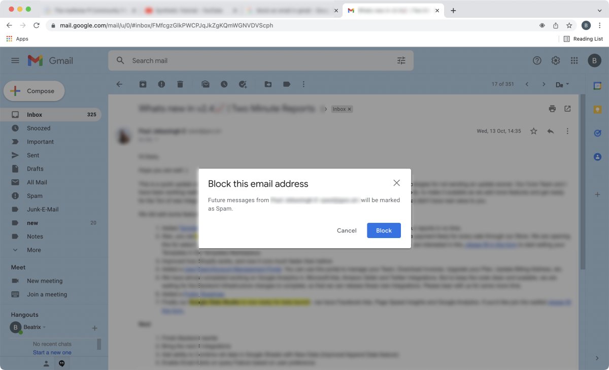 Confirmation for blocking in Gmail.