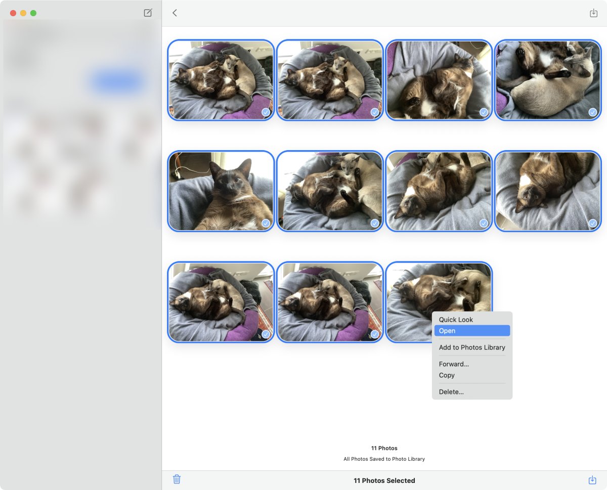 Nachrichten-App mit Fotoraster und Kontextmenü für ausgewählte Bilder