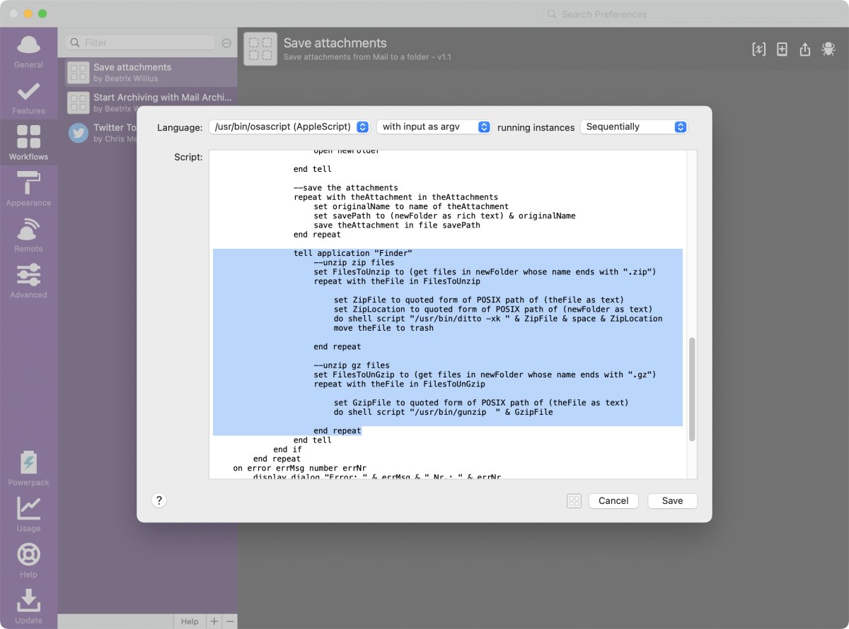 Updated Alfred workflow to unzip attachments