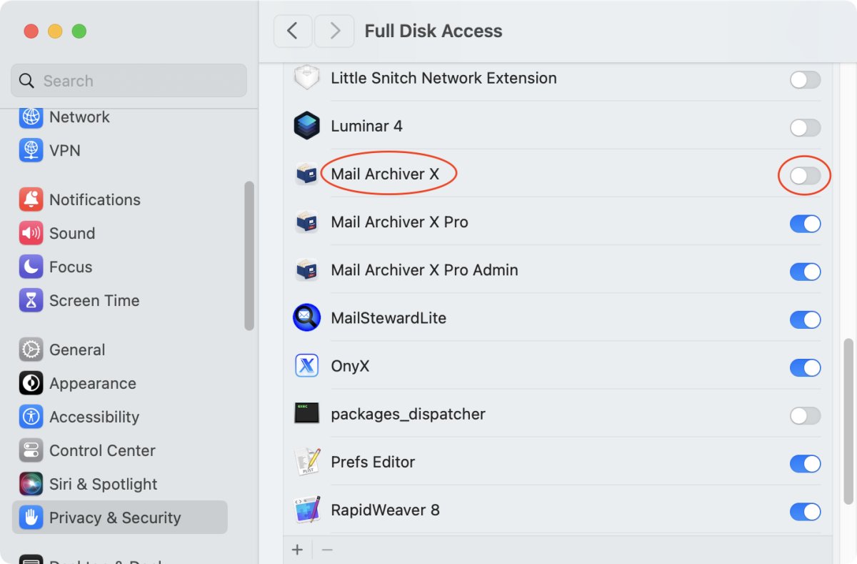 Resetting full disk access in system settings for Mail Archiver