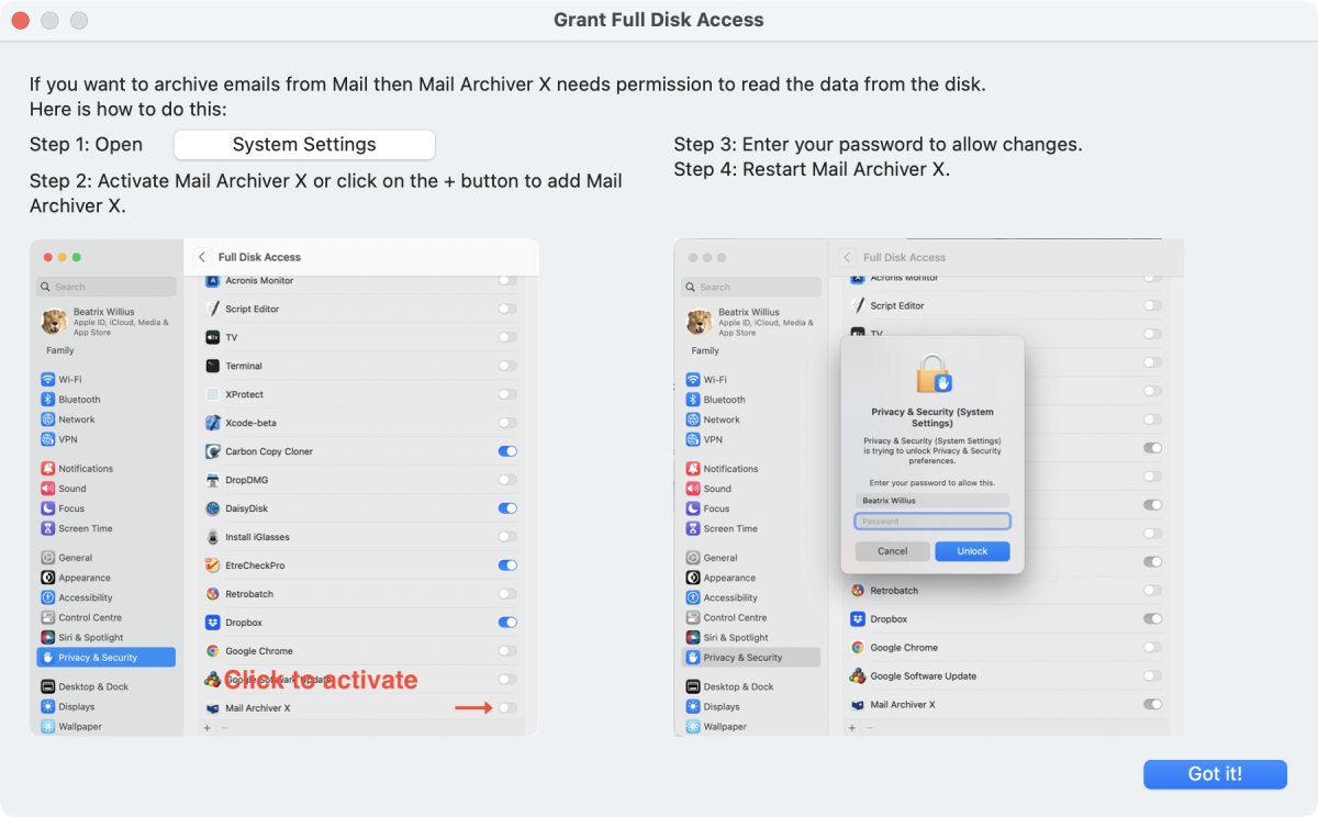 Window to show that app needs full disk access