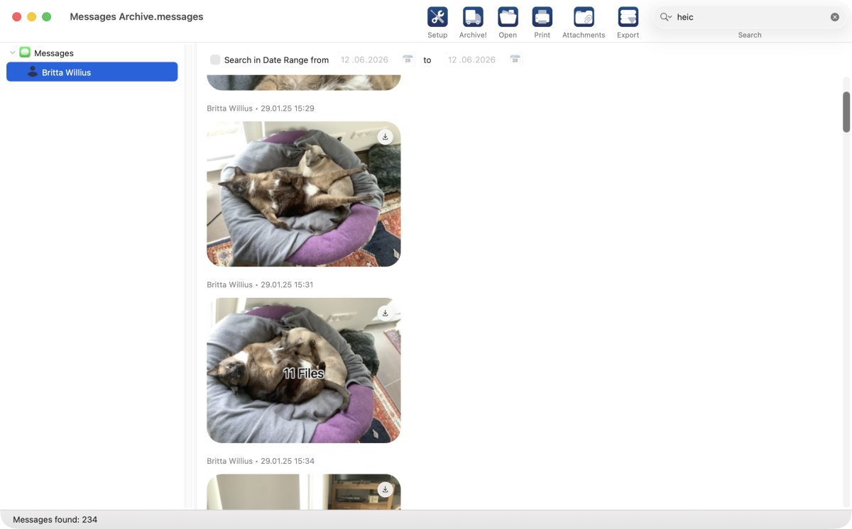 MAX Messages mit einer Suche nach heic in einer archivierten Unterhaltung