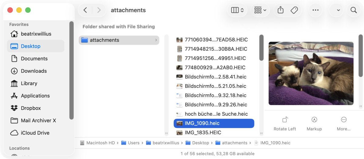 Finder showing the exported HEIC attachments in the selected folder