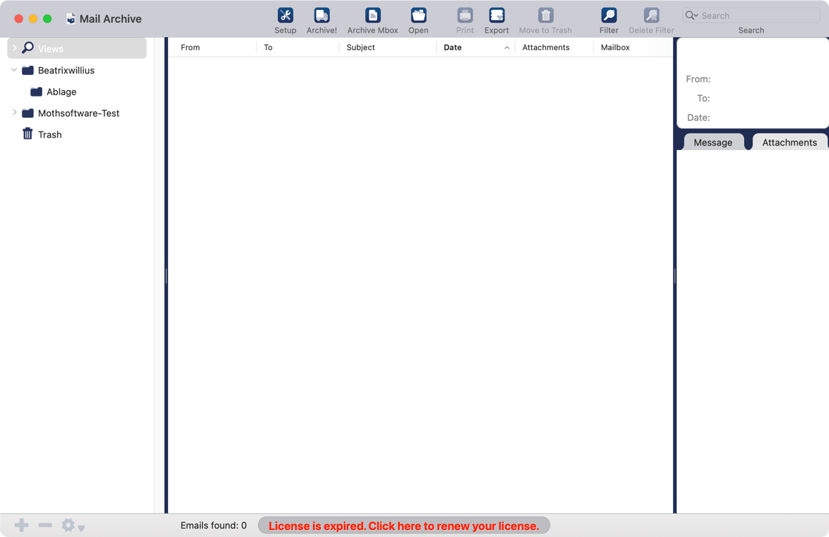 Main window with warning that license has expired