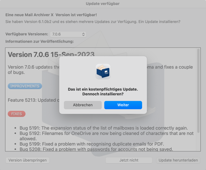 Warnung beim Überprüfen auf eine neue Version, daß die Version nicht kostenlos ist