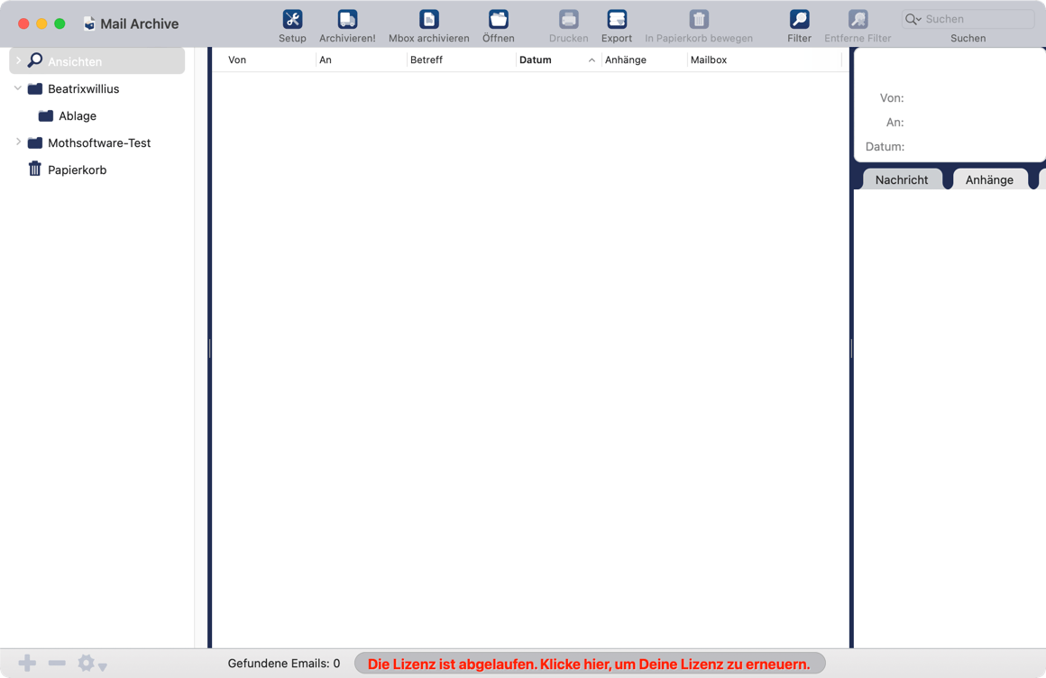 Hauptfenster mit Warnung, daß die Lizenz abgelaufen ist