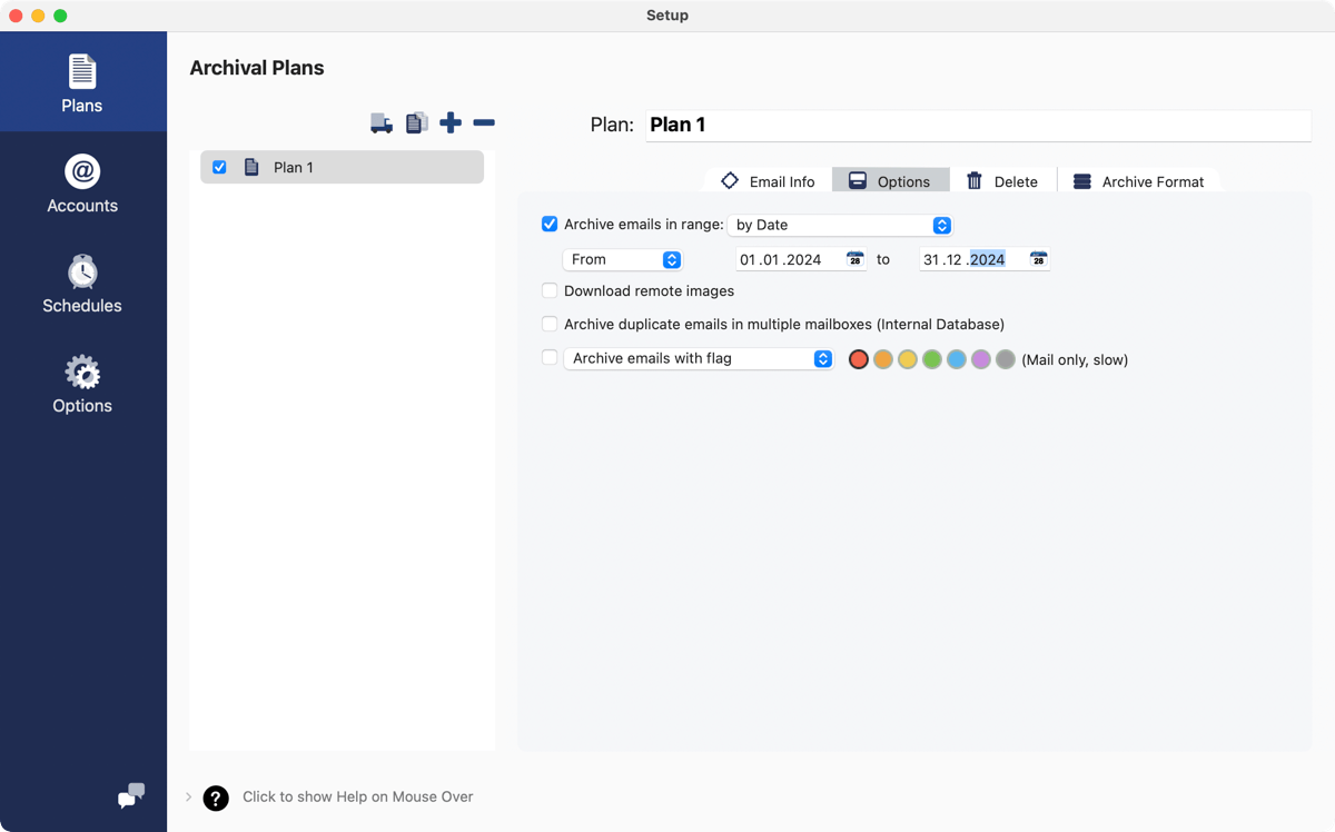 Select options for archiving