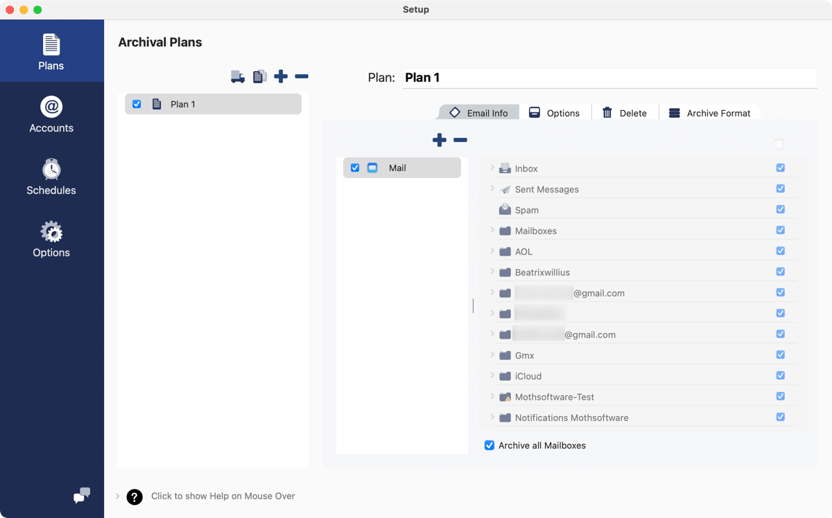 Add a plan, add email clients/IMAP accounts and select mailboxes
